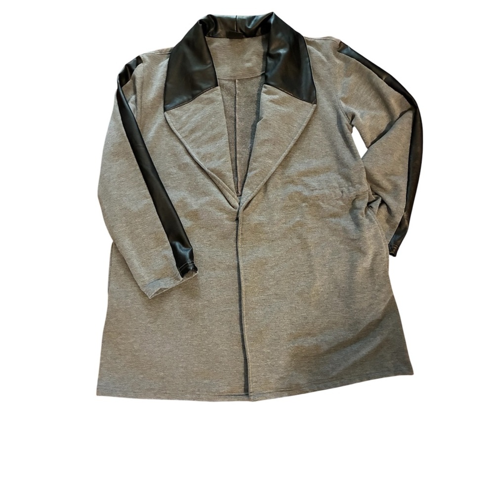 Laila Ali Jacket Sz L Gray Longline Faux Leather Trim Officecore Streetwear
